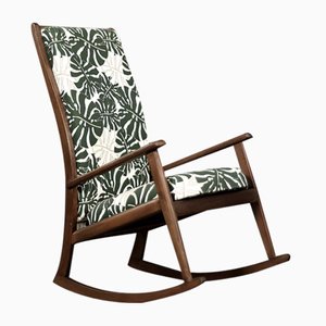 Moderner Dänischer Schaukelstuhl aus Holz & Stoff mit Monstera Leaf Muster, 1960er