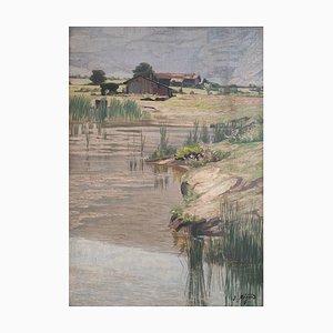 Joseph Mégard, Ferme et marais au pied du Salève, Oil on Canvas, Framed