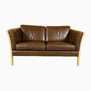 Danish 2-Seater Sofa in Brown Leather with Wooden Frame, 1970s