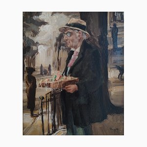 Edouard John Menta, Le vendeur de rue, Oil on Cardboard, Framed