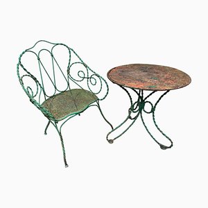 Gartenstuhl und Tisch aus verdrehtem Eisen, 1900er, 2er Set