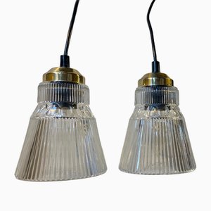Scandinavian Pendant Lamps in Glass and Brass, 1980s, Set of 2