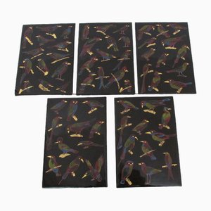 Lacquered Panels with Polychrome Bird Pattern, 1960s, Set of 5