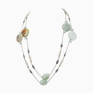 Rose Gold and Silver Retrò Necklace with Jade & Pearls, 1950s