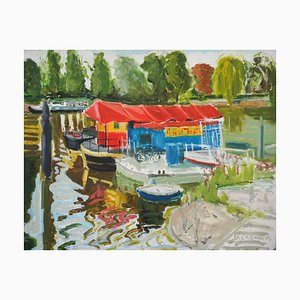 Jackson, Puppet Theatre Barge, The Thames, Richmond, 21st Century, Oil on Board