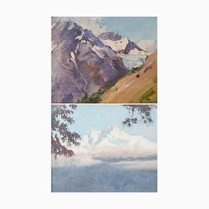 Unknown Artist, Peintures à l'Huile sur Carte, Paysages de Montagne, Set de 2