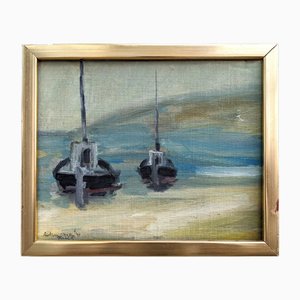 Boats at Sea, 1950s, Oil on Board, Framed
