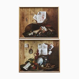 Trompe l'Oeil Compositions, Early 1700s, Oil on Canvas Paintings, Set of 2