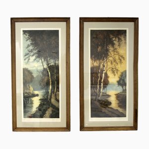 Artista impressionista, Scene di lago, XX secolo, litografie, con cornice, set di 2