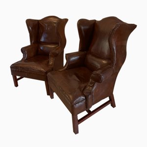 Large Antique Brown Leather Wing Chairs, 1920s, Set of 2