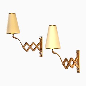 Brass Adjustable Scissors Wall Arm Lamps, 1930s, Set of 2