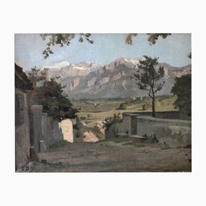Simon Durand, Vue sur la chaîne des Aravis et le Mont Blanc, Oil on Cardboard, Framed