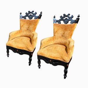 19th Century Anglo-Indian Armchairs in Ebonized Wood with Original Moire Velvet, 1890s, Set of 2