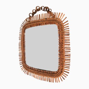 Vintage Cane, Rattan & Bamboo Wall Mirror, Italy, 1960s