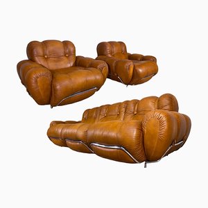 Mid-Century Italian Space Age Living Room Set in Natural Leather, 1970s, Set of 3