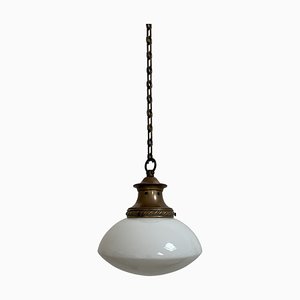 Vintage Oval English Church Opaline Milk Glass Pendant Light Lamp, 1930s