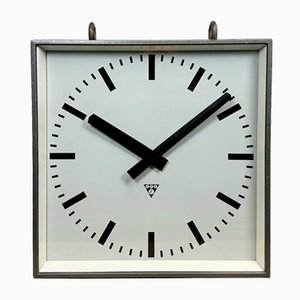 Large Industrial Square Double-Sided Factory Hanging Clock from Pragotron, 1970s