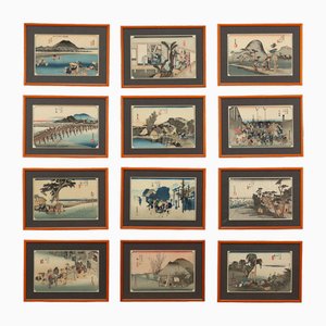 Hiroshige Utagawa, Stations of Tokaido, 1800s, Woodcuts, Framed, Set de 12