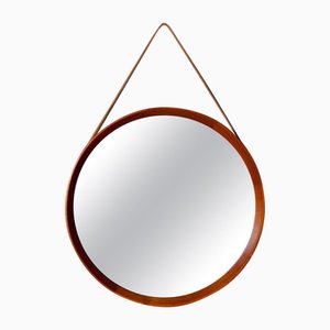 Mid-Century Round Mirror in Leather and Teak by Glas & Wood Hovmantorp, Sweden, 1960s