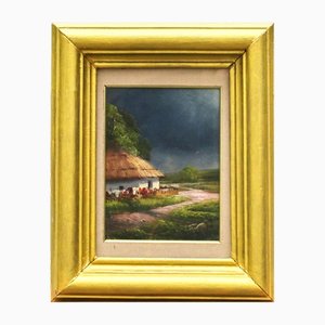 Before the Rain: View of Ukrainian Country Road and Hut, 20th Century, Oil on Board, Framed