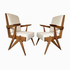 Vintage Mid-Century Modern Italian Compass Wood Armchairs by Le Corbusier, 1960s, Set of 2