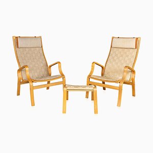 Mid-20thc Danish Beech Framed Chairs & Ottoman by Bruno Mathsson, 1978, Set of 3
