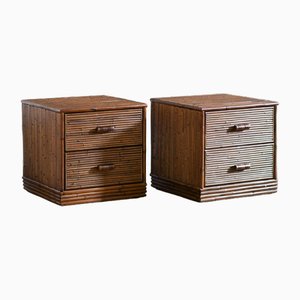 Bamboo Bedside Tables with Leather Bindings, Set of 2