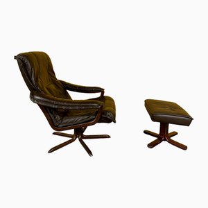 Vintage Danish Swivel Chair with Footstool, 1970s, Set of 2