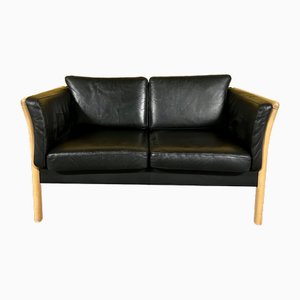 Vintage Danish Black Leather 2-Seater Sofa with Wooden Frame, 1970s, Unkns