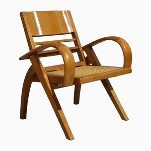 French Art Deco Satinwood and Cane Folding Armchair, 1920s