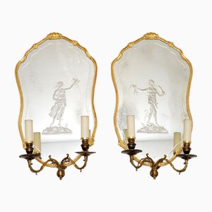 Antique French Gilt Wood Wall Sconces with Mirrors, Set of 2