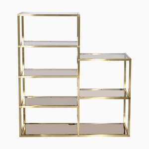 Bookcase in Brass with Smoked Moked Glass Shelves