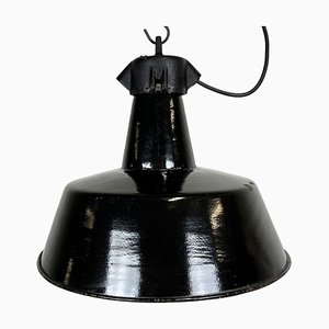 Industrial Black Enamel Factory Lamp with Cast Iron Top, 1960s