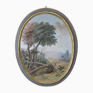 Landschaftsszene, Ende 1800, Ovales Temperagemälde, Gerahmt