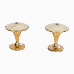 Mid-Century Table Lamps in Brass, Wood and Glass, Set of 2