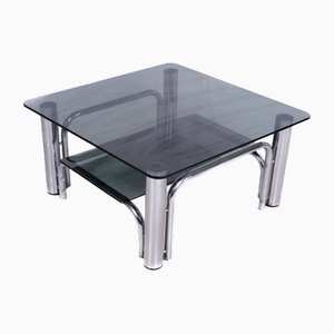 Coffee Table in Chromed Metal Structure & Black Glass Top, 1970s