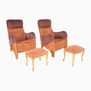 Brown Suede Armchairs with Footrests, Set of 4