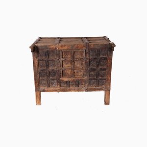 Antique Indian Teak Manjosha Chest with Decorations and Front Inlays