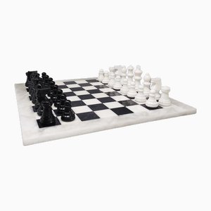 Black & White Chess Pieces & Board in Volterra Alabaster, Italy, Set of 33