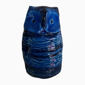 Blue Ceramic Owl Sculpture by Aldo Londi for Bitossi, 1970s