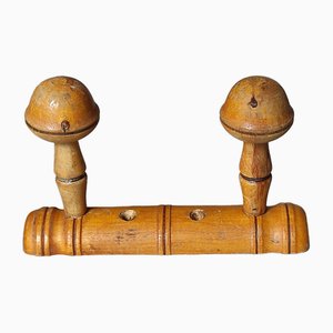 Vintage Wall Coat Rack with 2 Turned Wooden Hooks, 1940s