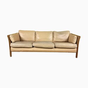 Vintage Danish 3 Seater Tan Leather Sofa with Wooden Frame, 1970s