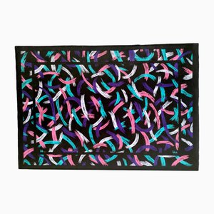 Black Wool Rug with Cyan, Purple, Pink & White Lines by Missoni, Italy, 1980s