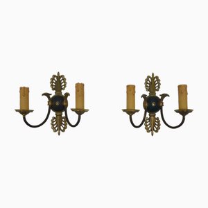 Empire Style Wall Sconces with Double Lights in Bronze Decorated with Swans, 1950s, Set of 2
