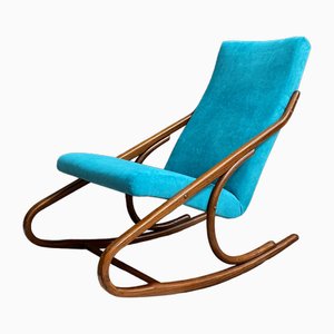 Armless Rocking Chair in Blue Velvet Upholstery from Ton, 1960s