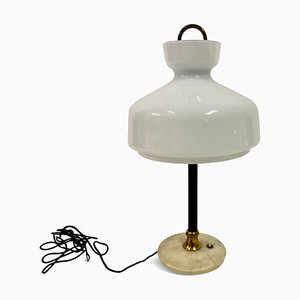 Lampada da tavolo in vetro bianco e ottone, Italia, anni '50