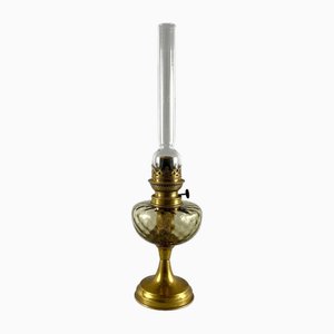 Vintage Kerosene Table Lamp in Brass & Glass