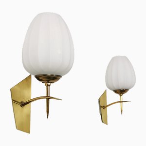 Vintage Wall Lamps in Brass & Opal Glass, Italy, 1960s, Set of 2