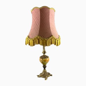 Vintage Tischlampe aus Messing & Onyx mit Lampenschirm aus Stoff