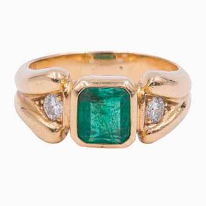 Vintage 18k Yellow Gold Ring with Emerald & Two Diamonds, 1970s